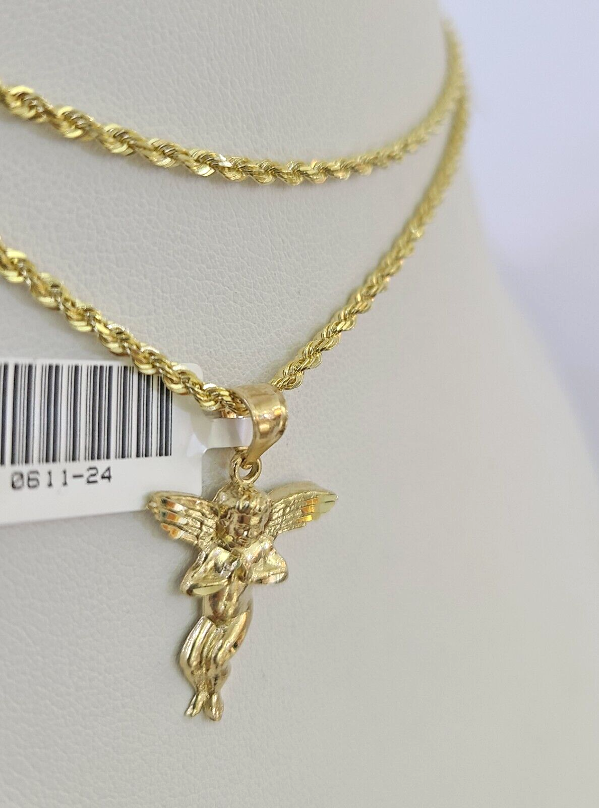 10k Solid Rope Chain 2mm Praying Angel Pendant Charm Necklace SET 18-22" Ladies